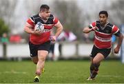 15 April 2018; Angelo Todisco, left, and Arthur Dunne of Enniscorthy during the Bank of Ireland Provincial Towns Cup Semi-Final match between Tullow RFC and Wicklow RFC at Cill Dara RFC in Kildare. Photo by Ramsey Cardy/Sportsfile