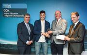 16 April 2018; DCU hurler Eoghan O’Donnell from Dublin is presented with his award by Uachtarán Chumann Lúthchleas Gael John Horan, in the company of  Jim Dollard, Executive Director Electric Ireland, right, and Gerry Tully, Chairman of Comhairle Ardoideachais CLG, left, at the Electric Ireland HE GAA Football & Hurling Rising Stars Awards for 2018, in Croke Park. The awards acknowledge outstanding performances in the battle for third level football and hurling Championships and come at the end of what was an epic season of GAA action. Photo by Stephen McCarthy/Sportsfile