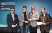 16 April 2018; DCU hurler John Donnelly from Kilkenny is presented with his award by Uachtarán Chumann Lúthchleas Gael John Horan, in the company of  Jim Dollard, Executive Director Electric Ireland, right, and Gerry Tully, Chairman of Comhairle Ardoideachais CLG, left, at the Electric Ireland HE GAA Football & Hurling Rising Stars Awards for 2018, in Croke Park. The awards acknowledge outstanding performances in the battle for third level football and hurling Championships and come at the end of what was an epic season of GAA action. Photo by Stephen McCarthy/Sportsfile