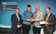 16 April 2018; UL hurler David Fitzgerald from Clare is presented with his award by Uachtarán Chumann Lúthchleas Gael John Horan, in the company of  Jim Dollard, Executive Director Electric Ireland, right, and Gerry Tully, Chairman of Comhairle Ardoideachais CLG, left, at the Electric Ireland HE GAA Football & Hurling Rising Stars Awards for 2018, in Croke Park. The awards acknowledge outstanding performances in the battle for third level football and hurling Championships and come at the end of what was an epic season of GAA action. Photo by Stephen McCarthy/Sportsfile