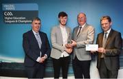 16 April 2018; DCU hurler Joe O’Connor from Wexford is presented with his award by Uachtarán Chumann Lúthchleas Gael John Horan, in the company of  Jim Dollard, Executive Director Electric Ireland, right, and Gerry Tully, Chairman of Comhairle Ardoideachais CLG, left, at the Electric Ireland HE GAA Football & Hurling Rising Stars Awards for 2018, in Croke Park. The awards acknowledge outstanding performances in the battle for third level football and hurling Championships and come at the end of what was an epic season of GAA action. Photo by Stephen McCarthy/Sportsfile