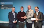 16 April 2018; DIT hurler Niall O’Brien from Westmeath is presented with his award by Uachtarán Chumann Lúthchleas Gael John Horan, in the company of  Jim Dollard, Executive Director Electric Ireland, right, and Gerry Tully, Chairman of Comhairle Ardoideachais CLG, left, at the Electric Ireland HE GAA Football & Hurling Rising Stars Awards for 2018, in Croke Park. The awards acknowledge outstanding performances in the battle for third level football and hurling Championships and come at the end of what was an epic season of GAA action. Photo by Stephen McCarthy/Sportsfile
