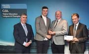 16 April 2018; Maynooth University hurler Brian Hogan from Tipperary is presented with his award by Uachtarán Chumann Lúthchleas Gael John Horan, in the company of  Jim Dollard, Executive Director Electric Ireland, right, and Gerry Tully, Chairman of Comhairle Ardoideachais CLG, left, at the Electric Ireland HE GAA Football & Hurling Rising Stars Awards for 2018, in Croke Park. The awards acknowledge outstanding performances in the battle for third level football and hurling Championships and come at the end of what was an epic season of GAA action. Photo by Stephen McCarthy/Sportsfile