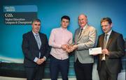 16 April 2018; NUIG footballer Tadhg O’Malley from Galway is presented with his award by Uachtarán Chumann Lúthchleas Gael John Horan, in the company of  Jim Dollard, Executive Director Electric Ireland, right, and Gerry Tully, Chairman of Comhairle Ardoideachais CLG, left, at the Electric Ireland HE GAA Football & Hurling Rising Stars Awards for 2018, in Croke Park. The awards acknowledge outstanding performances in the battle for third level football and hurling Championships and come at the end of what was an epic season of GAA action. Photo by Stephen McCarthy/Sportsfile