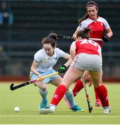 8 April 2018; Abbie Russell of UCD in action against Grace Irwin of Pegasus during the Women's Irish Senior Cup Final match between UCD and Pegasus at the National Hockey Stadium in UCD, Dublin. Photo by David Fitzgerald/Sportsfile