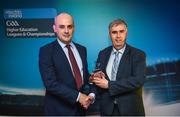 16 April 2018; Dr Brian McCann, Secretary of IT Sligo Hurling Club, is presented with the 2018 Gradaim Comhairle Ardoideachais award by Gerry Tully, Chairman of Comhairle Ardoideachais CLG, right, at the Electric Ireland HE GAA Football & Hurling Rising Stars Awards for 2018, in Croke Park. The awards acknowledge outstanding performances in the battle for third level football and hurling Championships and come at the end of what was an epic season of GAA action. Photo by Stephen McCarthy/Sportsfile