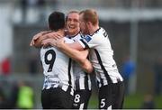 17 April 2018; John Mountney of Dundalk, centre, celebrates with team-mates Patrick Hoban, left, and Chris Shields after scoring his side's first goal during the SSE Airtricity League Premier Division match between Limerick FC and Dundalk at the Markets Field in Limerick. Photo by Diarmuid Greene/Sportsfile