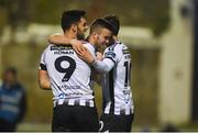 17 April 2018; Michael Duffy of Dundalk, centre, celebrates with team-mates Patrick Hoban and Jamie McGrath after scoring his side's third goal during the SSE Airtricity League Premier Division match between Limerick FC and Dundalk at the Markets Field in Limerick. Photo by Diarmuid Greene/Sportsfile