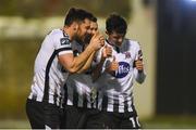 17 April 2018; Michael Duffy of Dundalk, centre, celebrates with team-mates Patrick Hoban and Jamie McGrath after scoring his side's third goal during the SSE Airtricity League Premier Division match between Limerick FC and Dundalk at the Markets Field in Limerick. Photo by Diarmuid Greene/Sportsfile