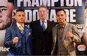 18 April 2018; Carl Frampton, promoter Frank Warren and Nonito Donaire during a press conference at the Europa Hotel in Belfast ahead of the WBO Interim Featherweight World Title fight. Photo by Oliver McVeigh/Sportsfile