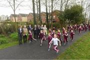 18 April 2018; Pupils from St. Brigid’s National School run The Daily Mile watched by from left John Mayock (INEOS), former British Olympian, John Treacy, CEO Sport Ireland, Brendan Griffin TD, Minister of State for Tourism and Sport, 3-time Olympian Eamonn Coghlan, John Foley, CEO of Athletics Ireland, Elaine Wyllie, founder of The Daily Mile and Georgina Drumm. President of Athletics Ireland, at the The Daily Mile launch at St. Brigid’s National School in Castleknock, Dublin. Photo by Matt Browne/Sportsfile
