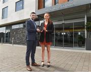 18 April 2018; Ian Monks, Senior Manager at The Croke Park Hotel, presents Aishling Moloney of Dublin City University and Tipperary with The Croke Park Hotel and LGFA Player of the Month award for March, at The Croke Park Hotel in Jones Road, Dublin. Aishling captained Dublin City University to victory in the prestigious Gourmet Food Parlour Ladies HEC O’Connor Cup competition, while Tipperary have also progressed to the Division 2 semi-finals in the Lidl Ladies National Football League. Photo by Matt Browne/Sportsfile