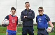 18 April 2018; GAA star Conor McManus was at the Monaghan County Training Grounds in Cloghan today to launch the GAA Super Games Centre in partnership with Sky Sports. The Super Games Centres which are based all over the country, were set up to reduce youth drop out and encourage “play to stay” amongst youth, specifically between the ages of 12 and 17 where youth drop out is most prevalent. Sky Sports is supporting the GAA Super Games Centres by arranging visits with Sky Sports mentors and providing kits and equipment to the estimated 9,000 members countrywide. Pictured is Conor McManus, with, Kyle Quinn, 13, left, from Patrician High School, Carrick Macross, Co Monaghan, and Nathan McCaughy, 13, from Our Lady's Secondary School, Castleblaney, Co Monaghan.  Photo by Sam Barnes/Sportsfile