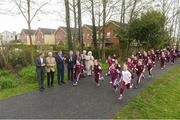 18 April 2018; Pupils from St. Brigid’s National School run The Daily Mile watched by from left John Mayock, former British Olympian, John Treacy, CEO Sport Ireland, Brendan Griffin TD, Minister of State for Tourism and Sport, 3-time Olympian Eamonn Coghlan, John Foley, CEO of Athletics Ireland, Elaine Wyllie, founder of The Daily Mile and Georgina Drumm. President of Athletics Ireland, at the The Daily Mile launch at St. Brigid’s National School in Castleknock, Dublin. Photo by Matt Browne/Sportsfile