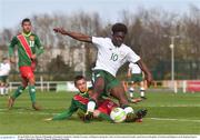 18 April 2018; Festy Ebosele of Republic of Ireland is tackled by Valentin Tsvetanov of Bulgaria during the Under-16 International Friendly match between Republic of Ireland and Bulgaria at the Regional Sports Centre in Waterford. Photo by Piaras Ó Mídheach/Sportsfile