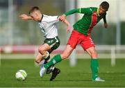 18 April 2018; Séamas Keogh of Republic of Ireland in action against Aleksandar Kirilov of Bulgaria during the Under-16 International Friendly match between Republic of Ireland and Bulgaria at the Regional Sports Centre in Waterford. Photo by Piaras Ó Mídheach/Sportsfile