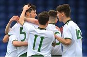 18 April 2018; Luke Turner of Republic of Ireland, 5, celebrates scoring his side's second goal with team-mates during the Under-16 International Friendly match between Republic of Ireland and Bulgaria at the Regional Sports Centre in Waterford. Photo by Piaras Ó Mídheach/Sportsfile