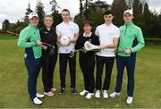 19 April 2018; In attendance at the GUI National Headquarters to help mark the commencement of the 2018 AIG Cups & Shields season and to celebrate AIG’s 20th anniversary as a partner to the GUI and ILGU are, from left, 2017 AIG Senior Cup Champion Ronan Mullarney, Molly Dowling, AIG Senior Foursomes, Dublin football star and AIG ambassador Dean Rock, Lady Captain of Lucan Golf Club Sandra McCaffrey, Dublin hurling star and AIG ambassador Eoghan O’Donnell, and 2017 AIG Irish Close winner Jamie Fletcher. AIG revealed details of their ‘AIG Golfer Anniversary Sale’, where they are offering up to 20% off car insurance and up to 50% on home Insurance.* For more details see www.aig.ie/golf . Photo by Brendan Moran/Sportsfile
