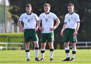 18 April 2018; Republic of Ireland players, from left, Brandon Holt, Matt Everitt, and Séamas Keogh of Republic of Ireland during the Under-16 International Friendly match between Republic of Ireland and Bulgaria at the Regional Sports Centre in Waterford. Photo by Piaras Ó Mídheach/Sportsfile
