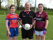 20 April 2018; Referee Jonathan Murphy with Cora Joy, captain of ISK, Killorgin, Kerry and Elaine Brady, captain of Loreto, Cavan before the Lidl All Ireland Post Primary School Junior A Final match between ISK, Killorgin, Kerry and Loreto, Cavan at St. Rynagh's in Banagher, Co. Offaly. Photo by Matt Browne/Sportsfile