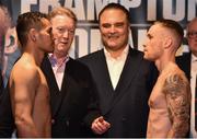 20 March 2018; Nonito Donaire, left, and Carl Frampton in a head to head during the weighs in at the Europa Hotel in Belfast. Photo by Oliver McVeigh/Sportsfile