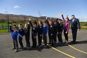 20 April 2018; Minister of State for Tourism and Sport, Brendan Griffin TD, and Shona Heaslip, AAI National 10k champion, along with primary school students from Tralee CBS, Caherleaheen NS, St Brendan's NS and Scoil Lios Teilic, Tralee, from left to right, Rian Duffy, Rian Moynihan, Amy Noonan, Matthew Rogers, Caoilainn Culloo, Jayden Ward, Katie Nicks, Faye O'Connor, and Jack Barrett, at the The Daily Mile Kerry Launch at St. Brendan’s N.S Blennerville, in Ballyvelly, Tralee, Co Kerry. Photo by Diarmuid Greene/Sportsfile