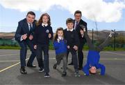 20 April 2018; Minister of State for Tourism and Sport, Brendan Griffin TD, left, and John Foley, CEO of Athletics Ireland, along with primary school students, Caoilainn Culloo and Conor Donnelly from St Brendan's NS, and Milly Lynch, and Rian Duffy, from Tralee CBS, at the The Daily Mile Kerry Launch at St. Brendan’s NS Blennerville, in Ballyvelly, Tralee, Co Kerry. Photo by Diarmuid Greene/Sportsfile