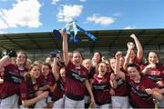 20 April 2018; Elaine Brady, captain of Loreto, Cavan lifts the cup as her teanm-mates celebrate after the Lidl All Ireland Post Primary School Junior A Final match between ISK, Killorgin, Kerry and Loreto, Cavan at St. Rynagh's in Banagher, Co. Offaly. Photo by Matt Browne/Sportsfile
