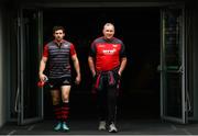 20 April 2018; Head coach Wayne Pivac, right, and Leigh Halfpenny during the Scarlets captain's run at the Aviva Stadium in Dublin. Photo by Ramsey Cardy/Sportsfile