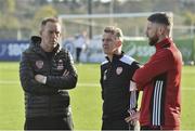 20 March 2018; Derry City manager Kenny Shiels, left, with assistant manager Hugh Harkin, centre, and Rory Patterson prior to the SSE Airtricity League Premier Division match between Dundalk and Derry City at Oriel Park in Dundalk, Louth. Photo by Oliver McVeigh/Sportsfile