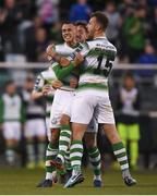 20 March 2018; Graham Burke, left, of Shamrock Rovers celebrates after scoring his side's first goal with teammates Ally Gilchrist, front, and Lee Grace  during the SSE Airtricity League Premier Division match between Shamrock Rovers and Limerick at Tallaght Stadium in Dublin. Photo by Harry Murphy/Sportsfile