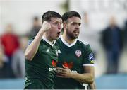 20 March 2018; Eoin Toal of Derry City, left, celebrates with Darren Cole after scoring his side's second goal during the SSE Airtricity League Premier Division match between Dundalk and Derry City at Oriel Park in Dundalk, Louth. Photo by Oliver McVeigh/Sportsfile