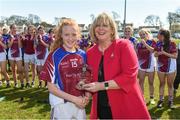 21 April 2018; Shauna Brennan of Coláiste Bhaile Chláir, Claregalway is presented with the player of the match award by President of the Ladies Gaelic Football Association Maire Hickey following the Lidl All Ireland Post Primary School Junior B Final match between St Brigids, S.S, Killarney and Coláiste Bhaile Chláir, Claregalway, Galway at Mick Neville Park in Rathkeale, Limerick. Photo by Matt Browne/Sportsfile