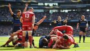 21 April 2018; James Ryan of Leinster scores his side's first try during the European Rugby Champions Cup Semi-Final match between Leinster Rugby and Scarlets at the Aviva Stadium in Dublin. Photo by Ramsey Cardy/Sportsfile