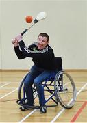 21 April 2018; Francis 'Buff' Egan, from Clare, tries his hand at Wheelchair hurling before Round One of the M. Donnelly GAA Wheelchair Hurling League matches at Holy Rosary College in Mountbellew, Galway. Photo by Piaras Ó Mídheach/Sportsfile