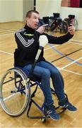 21 April 2018; Francis 'Buff' Egan, from Clare, tries his hand at Wheelchair hurling before Round One of the M. Donnelly GAA Wheelchair Hurling League matches at Holy Rosary College in Mountbellew, Galway. Photo by Piaras Ó Mídheach/Sportsfile