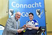 21 April 2018; Sarah Cregg of Connacht is presented with her 2017 Wheelchair hurling All-Star Camogie Player of the Year Award by Uachtarán Chumann Lúthchleas Gael John Horan at the 2017 Wheelchair hurling All-Star Awards at Holy Rosary College in Mountbellew, Galway. Photo by Piaras Ó Mídheach/Sportsfile