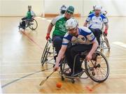 21 April 2018; Aiden Hynes of Connacht in action against John Scott of Leinster during the Round One of the M. Donnelly GAA Wheelchair Hurling League match between Connacht and Leinster at Holy Rosary College in Mountbellew, Galway. Photo by Piaras Ó Mídheach/Sportsfile