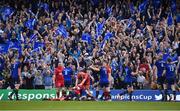 21 April 2018; Leinster fans celebrate as Scott Fardy of Leinster scores their side's fourth try during the European Rugby Champions Cup Semi-Final match between Leinster Rugby and Scarlets at the Aviva Stadium in Dublin. Photo by Brendan Moran/Sportsfile