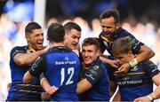 21 April 2018; Jonathan Sexton of Leinster celebrates with teammates, from left, Rob Kearney, Robbie Henshaw, Jordan Larmour, Jamison Gibson-Park and Garry Ringrose, after scoring his side's fifth try during the European Rugby Champions Cup Semi-Final match between Leinster Rugby and Scarlets at the Aviva Stadium in Dublin. Photo by Sam Barnes/Sportsfile
