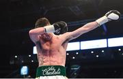 21 April 2018; Tyrone McCullagh celebrates after defeating Elvis Guillen following their featherweight bout at the Boxing in SSE Arena Belfast event in Belfast. Photo by David Fitzgerald/Sportsfile
