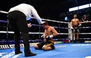 21 April 2018; Michael Isaac Carrero is counted out after being knocked down by Sam Maxwell during their super-lightweight bout at the Boxing in SSE Arena Belfast event in Belfast. Photo by David Fitzgerald/Sportsfile