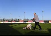 21 April 2018; Groundsman Seamus Murray paints the lines on the pitch prior to the SSE Airtricity League First Division match between Longford Town and UCD at the City Calling Stadium in Lissanurlan, Longford. Photo by Harry Murphy/Sportsfile