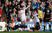21 April 2018; Jacob Stockdale of Ulster celebrates as Nick Timoney of Ulster dives over for his sides third try during the Guinness PRO14 Round 17 refixture match between Ulster and Glasgow Warriors at the Kingspan Stadium in Belfast. Photo by Oliver McVeigh/Sportsfile