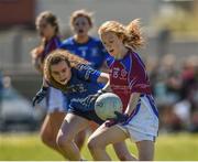 21 April 2018; Shauna Brennan of Coláiste Bhaile Chláir, Claregalway in action against Isabelle Murphy of St Brigids, S.S, Killarney during the Lidl All Ireland Post Primary School Junior B Final match between St Brigids, S.S, Killarney and Coláiste Bhaile Chláir, Claregalway, Galway at Mick Neville Park in Rathkeale, Limerick. Photo by Matt Browne/Sportsfile