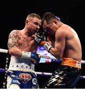 21 April 2018; Carl Frampton, left, in action against Nonito Donaire during their Vacant WBO Interim World Featherweight Championship bout at the Boxing in SSE Arena Belfast event in Belfast. Photo by David Fitzgerald/Sportsfile