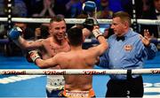 21 April 2018; Carl Frampton, left, and Nonito Donaire embrace following their Vacant WBO Interim World Featherweight Championship bout at the SSE Arena in Belfast. Photo by Ramsey Cardy/Sportsfile