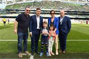 21 April 2018; Matchday mascot 7 year old Dylan Maher, from Foxrock, Dublin, with Leinster players Luke McGrath and Richardt Strauss ahead of the European Rugby Champions Cup Semi-Final match between Leinster Rugby and Scarlets at the Aviva Stadium in Dublin. Photo by Ramsey Cardy/Sportsfile