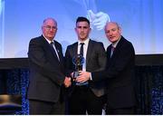 21 April 2018; Patrick McBrearty of Kilcar is presented with his award by Uachtarán Chumann Lúthchleas Gael John Horan and Denis O'Callaghan, Head of AIB Retail Banking at the AIB GAA Club Player Awards at Croke Park in Dublin. Photo by Eóin Noonan/Sportsfile