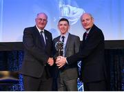 21 April 2018; Christopher Bradley of Slaughtneil is presented with his award by Uachtarán Chumann Lúthchleas Gael John Horan and Denis O'Callaghan, Head of AIB Retail Banking at the AIB GAA Club Player Awards at Croke Park in Dublin. Photo by Eóin Noonan/Sportsfile